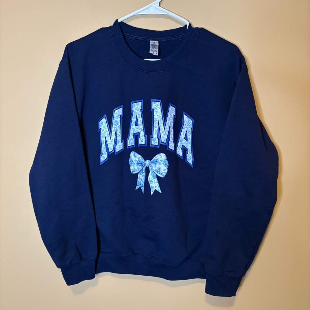 Mama Sweatshirt Navy Small Blue Floral Bow Coquette Preppy Momma Crewneck - Picture 4 of 4